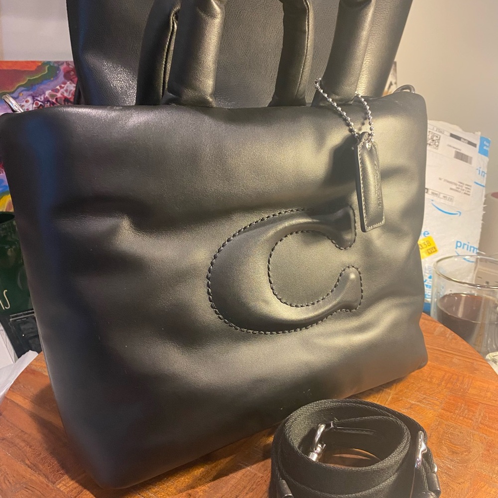 Coach Puffer Black Leather Tote Bag